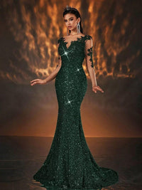 Mermaid/Trumpet Long Sleeve Glitter Floor-Length Formal Dresses with Lace Appliques