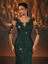 Mermaid/Trumpet Long Sleeve Glitter Floor-Length Formal Dresses with Lace Appliques