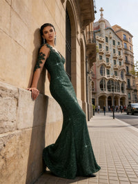 Mermaid/Trumpet Long Sleeve Glitter Floor-Length Formal Dresses with Lace Appliques
