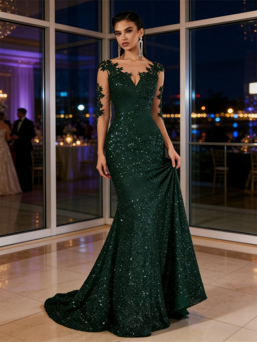 Mermaid/Trumpet Long Sleeve Glitter Floor-Length Formal Dresses with Lace Appliques