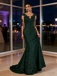 Mermaid/Trumpet Long Sleeve Glitter Floor-Length Formal Dresses with Lace Appliques
