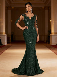 Mermaid/Trumpet Long Sleeve Glitter Floor-Length Formal Dresses with Lace Appliques