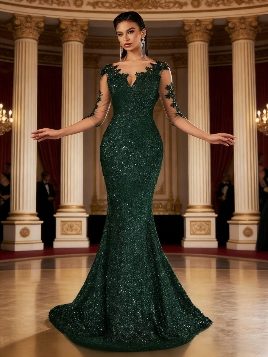 Mermaid/Trumpet Long Sleeve Glitter Floor-Length Formal Dresses with Lace Appliques