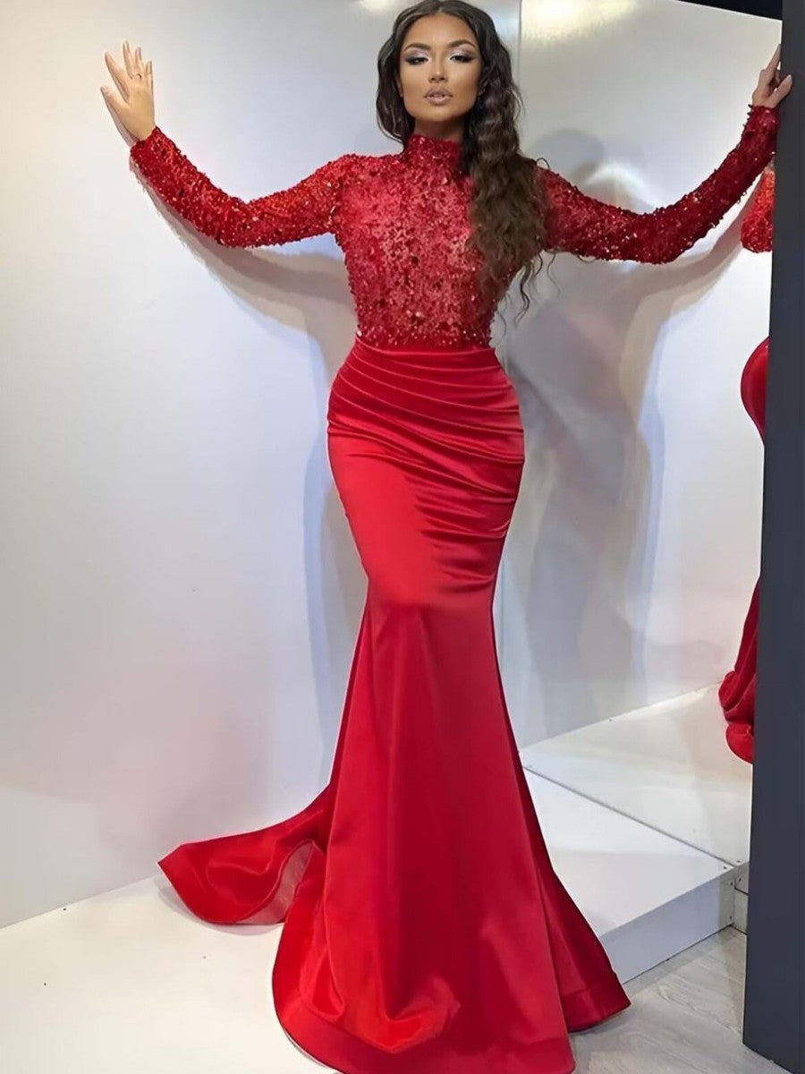 Mermaid/Trumpet Long Sleeve High Neck Floor-Length Evening Dresses with Sparkly Sequin
