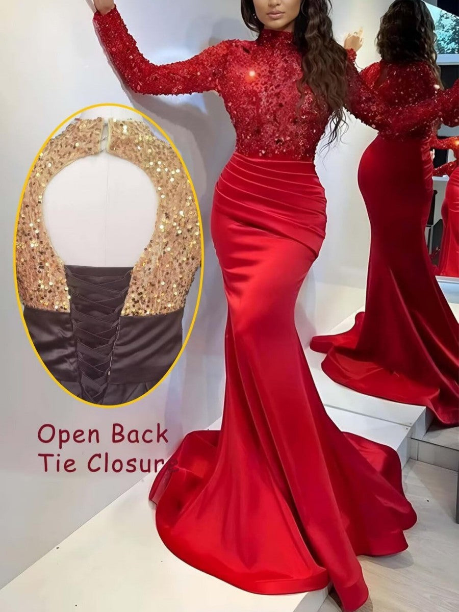 Mermaid/Trumpet Long Sleeve High Neck Floor-Length Evening Dresses with Sparkly Sequin