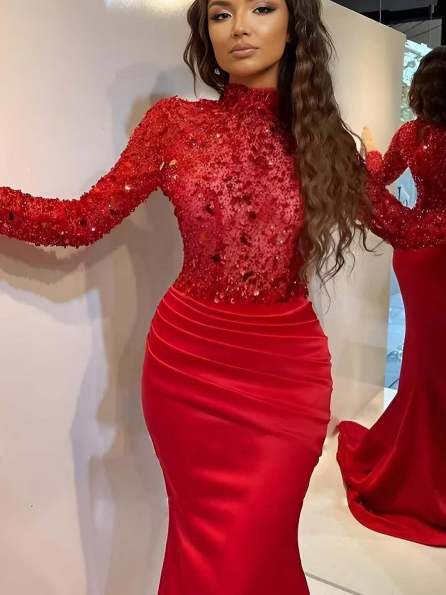 Mermaid/Trumpet Long Sleeve High Neck Floor-Length Evening Dresses with Sparkly Sequin