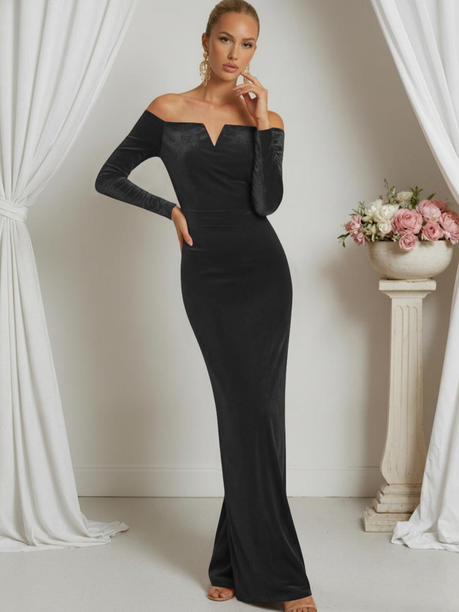 Sheath/Column V-Neck Long Sleeve Strapless Floor-Length Formal Dresses