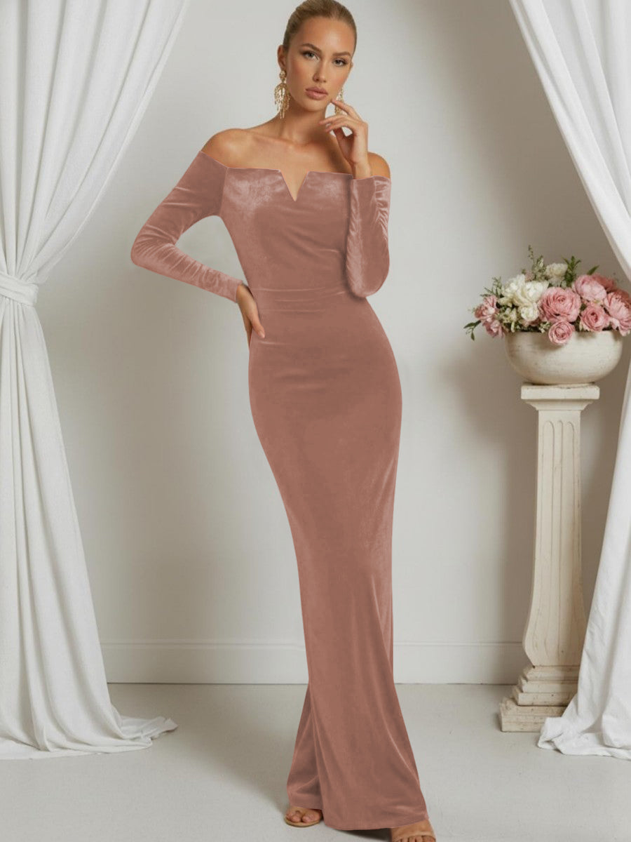 Sheath/Column V-Neck Long Sleeve Strapless Floor-Length Formal Dresses