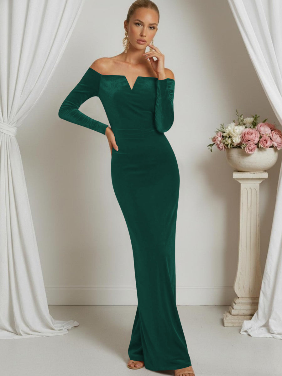 Sheath/Column V-Neck Long Sleeve Strapless Floor-Length Formal Dresses