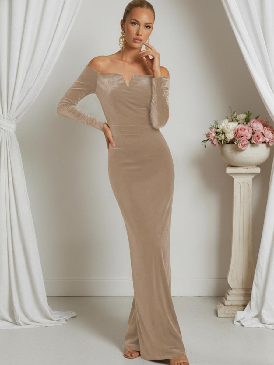 Sheath/Column V-Neck Long Sleeve Strapless Floor-Length Formal Dresses