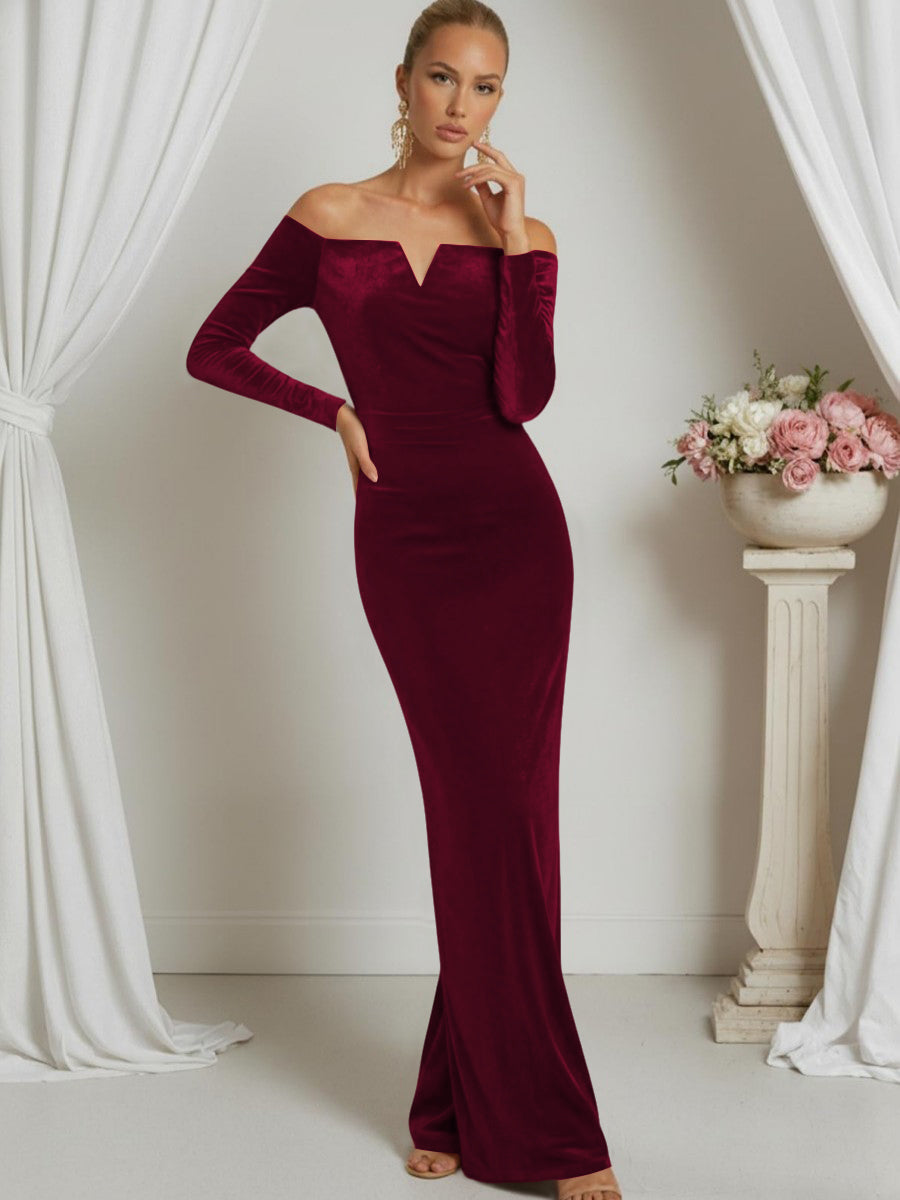Sheath/Column V-Neck Long Sleeve Strapless Floor-Length Formal Dresses