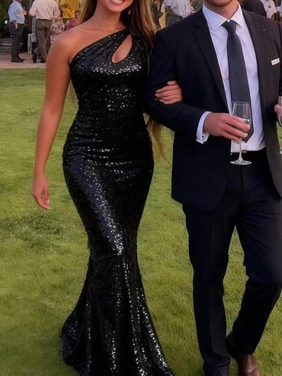 Mermaid/Trumpet One Shoulder Cut-out Floor-Length Evening Dresses with Sparkly Sequin