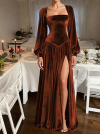 A-Line/Princess Square Neck Velvet Floor-Length Formal Dresses with Long Sleeve