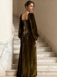 A-Line/Princess Square Neck Velvet Floor-Length Formal Dresses with Long Sleeve