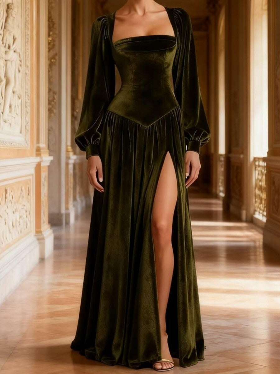 A-Line/Princess Square Neck Velvet Floor-Length Formal Dresses with Long Sleeve