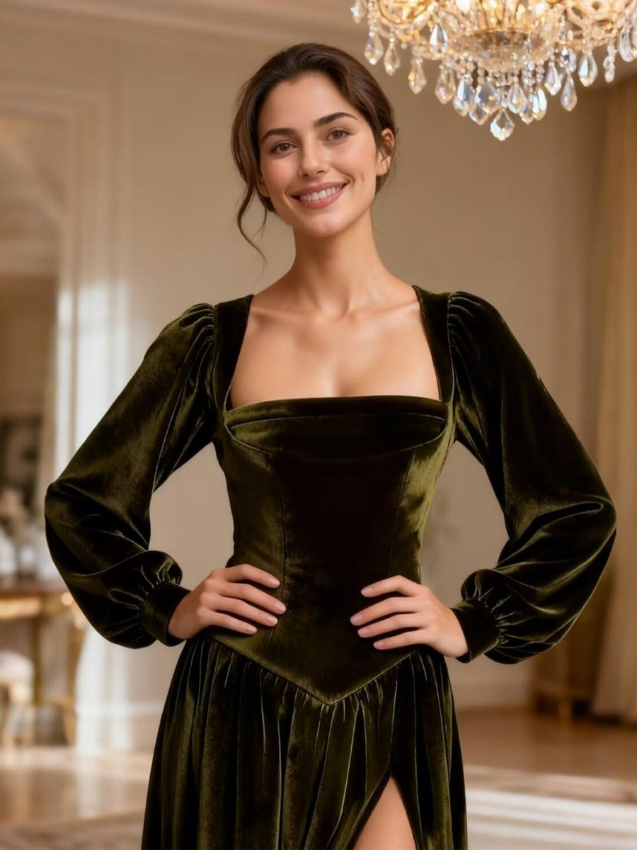 A-Line/Princess Square Neck Velvet Floor-Length Formal Dresses with Long Sleeve