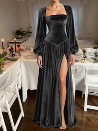 A-Line/Princess Square Neck Velvet Floor-Length Formal Dresses with Long Sleeve