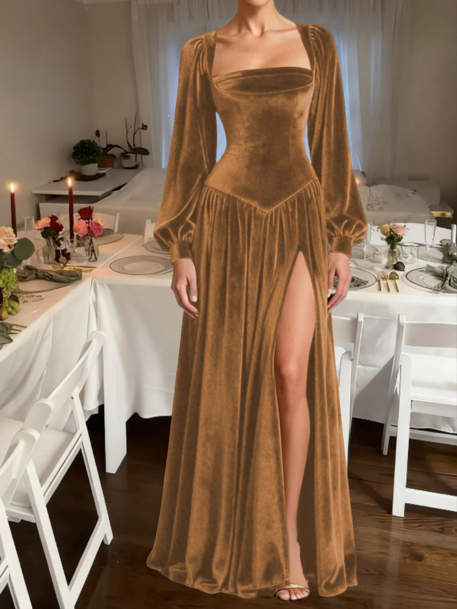 A-Line/Princess Square Neck Velvet Floor-Length Formal Dresses with Long Sleeve