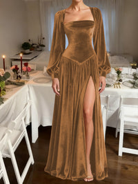 A-Line/Princess Square Neck Velvet Floor-Length Formal Dresses with Long Sleeve