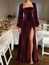 A-Line/Princess Square Neck Velvet Floor-Length Formal Dresses with Long Sleeve
