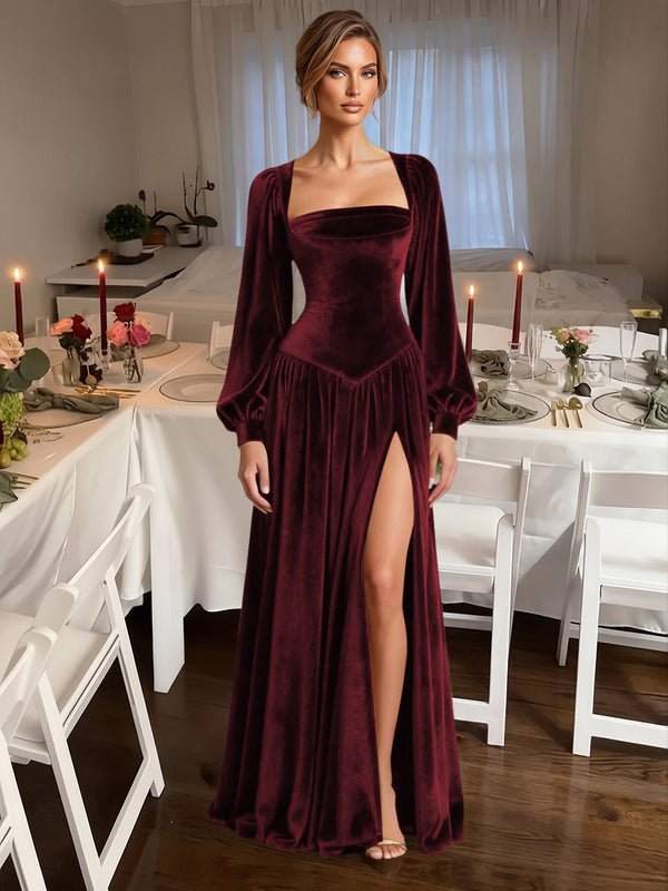 A-Line/Princess Square Neck Velvet Floor-Length Formal Dresses with Long Sleeve