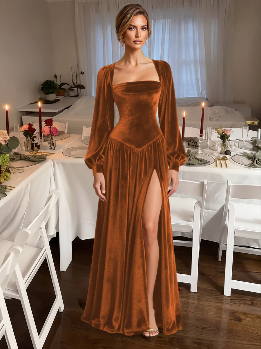 Shirees Burnt Orange A-Line/Princess Square Neck Velvet Floor-Length Formal Dresses with Long Sleeve 2026