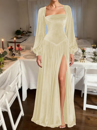 A-Line/Princess Square Neck Velvet Floor-Length Formal Dresses with Long Sleeve