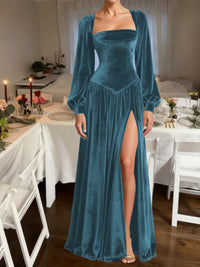 A-Line/Princess Square Neck Velvet Floor-Length Formal Dresses with Long Sleeve