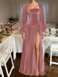 A-Line/Princess Square Neck Velvet Floor-Length Formal Dresses with Long Sleeve
