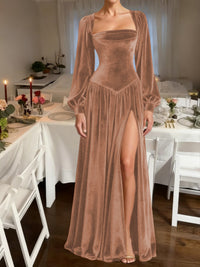 A-Line/Princess Square Neck Velvet Floor-Length Formal Dresses with Long Sleeve