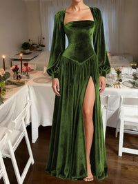 A-Line/Princess Square Neck Velvet Floor-Length Formal Dresses with Long Sleeve