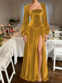 A-Line/Princess Square Neck Velvet Floor-Length Formal Dresses with Long Sleeve