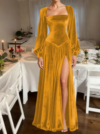 A-Line/Princess Square Neck Velvet Floor-Length Formal Dresses with Long Sleeve