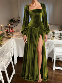 A-Line/Princess Square Neck Velvet Floor-Length Formal Dresses with Long Sleeve