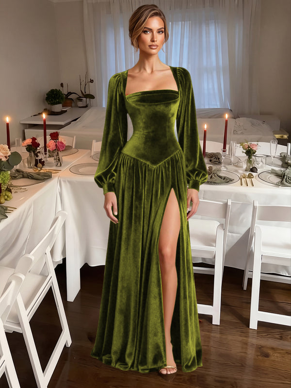 A-Line/Princess Square Neck Velvet Floor-Length Formal Dresses with Long Sleeve
