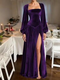 A-Line/Princess Square Neck Velvet Floor-Length Formal Dresses with Long Sleeve