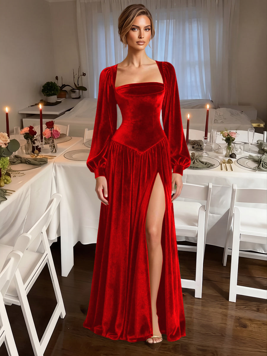 Shirees Red A-Line/Princess Square Neck Velvet Floor-Length Formal Dresses with Long Sleeve 2026