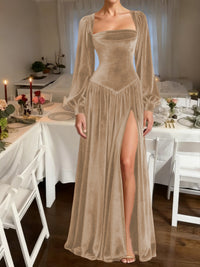 A-Line/Princess Square Neck Velvet Floor-Length Formal Dresses with Long Sleeve