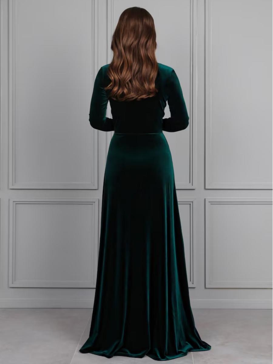 A-Line/Princess V-Neck Long Sleeve Velvet Floor-Length Evening Dresses