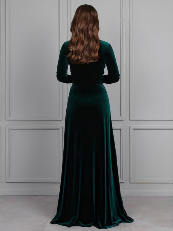 A-Line/Princess V-Neck Long Sleeve Velvet Floor-Length Evening Dresses