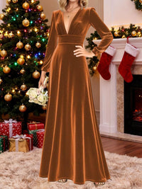 A-Line/Princess V-Neck Long Sleeve Velvet Floor-Length Evening Dresses