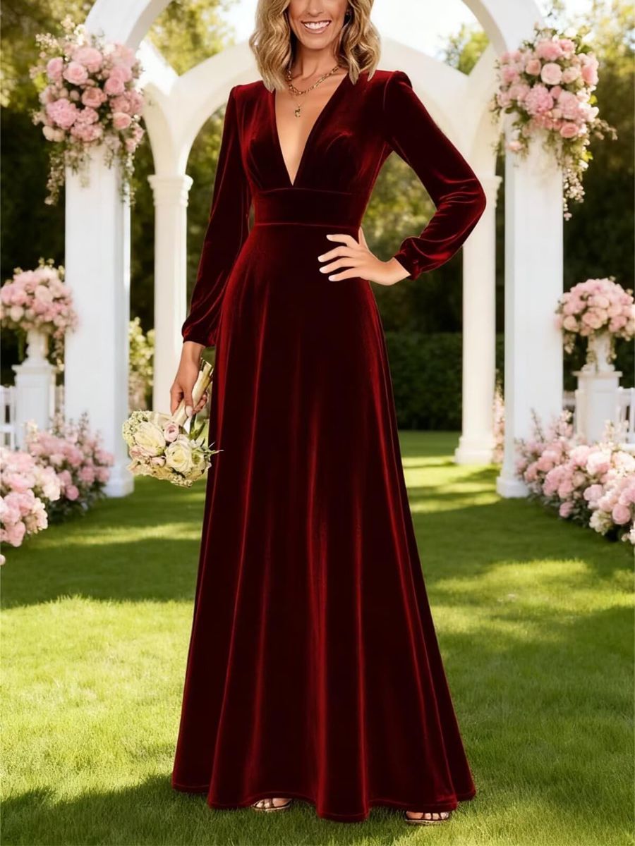 A-Line/Princess V-Neck Long Sleeve Velvet Floor-Length Evening Dresses