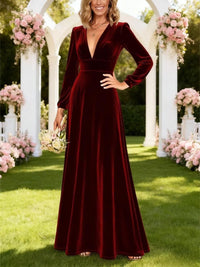 A-Line/Princess V-Neck Long Sleeve Velvet Floor-Length Evening Dresses