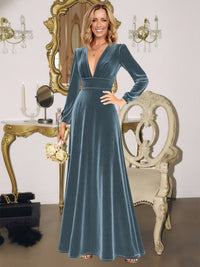 A-Line/Princess V-Neck Long Sleeve Velvet Floor-Length Evening Dresses
