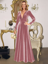 A-Line/Princess V-Neck Long Sleeve Velvet Floor-Length Evening Dresses