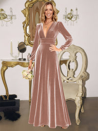 A-Line/Princess V-Neck Long Sleeve Velvet Floor-Length Evening Dresses