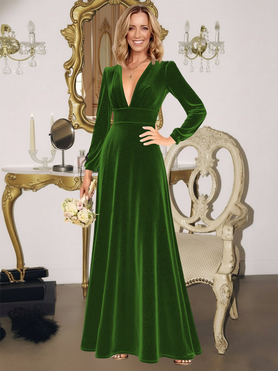 A-Line/Princess V-Neck Long Sleeve Velvet Floor-Length Evening Dresses