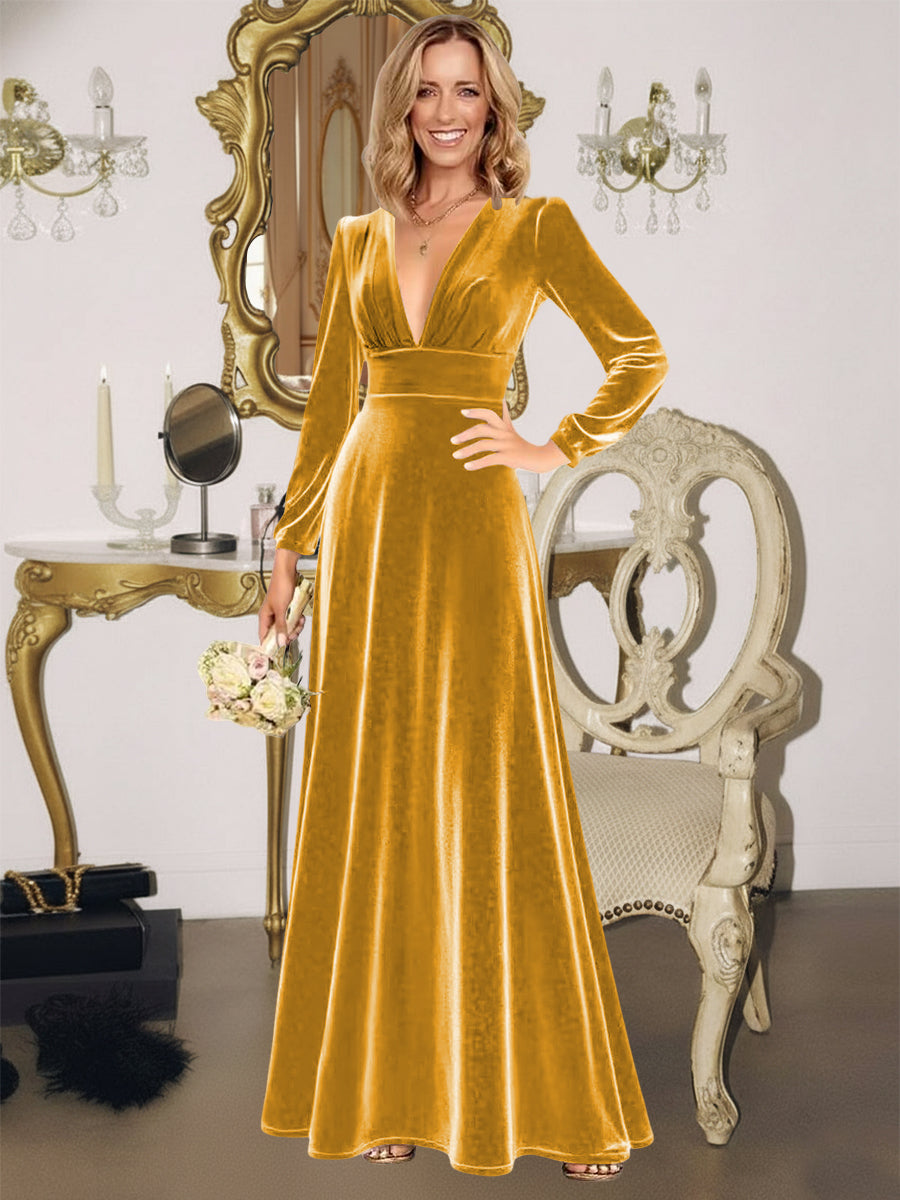 A-Line/Princess V-Neck Long Sleeve Velvet Floor-Length Evening Dresses