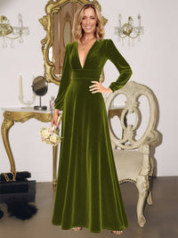 A-Line/Princess V-Neck Long Sleeve Velvet Floor-Length Evening Dresses