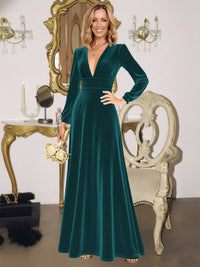 A-Line/Princess V-Neck Long Sleeve Velvet Floor-Length Evening Dresses